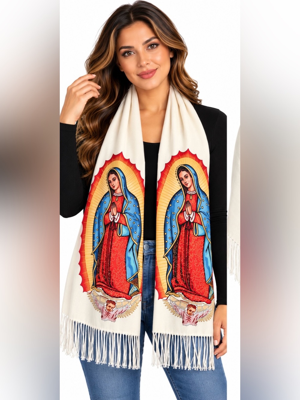 Floral Virgin Mary Scarf in White & Pink
